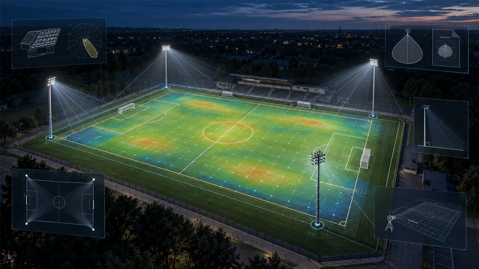 What files and dimensions are needed for a DIALux football-field lighting calculation? guide cover
