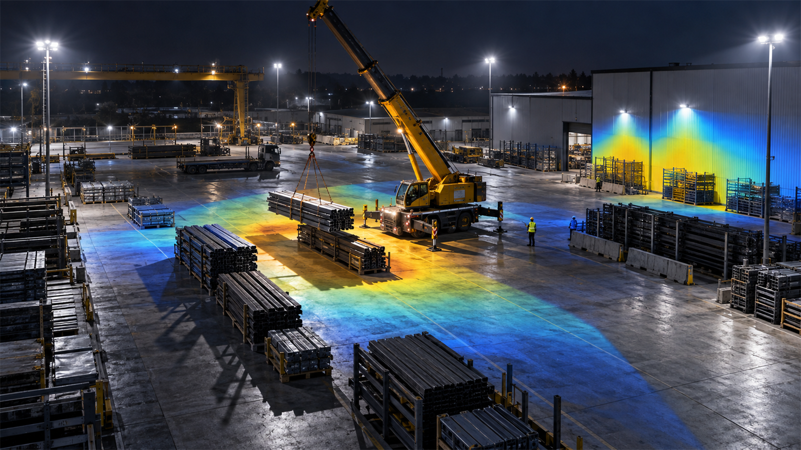 How should a DIALux industrial-yard calculation model cranes and stacked materials? guide cover