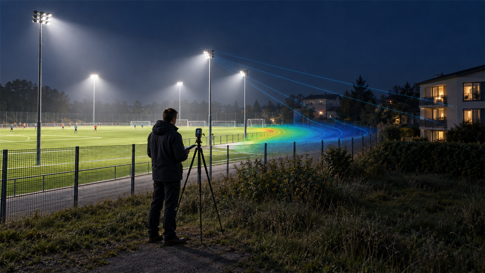 How should a DIALux sports-lighting calculation check spill light beyond the field? guide cover